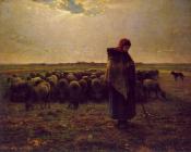 让 弗朗索瓦 米勒 : Shepherdess with Her Flock